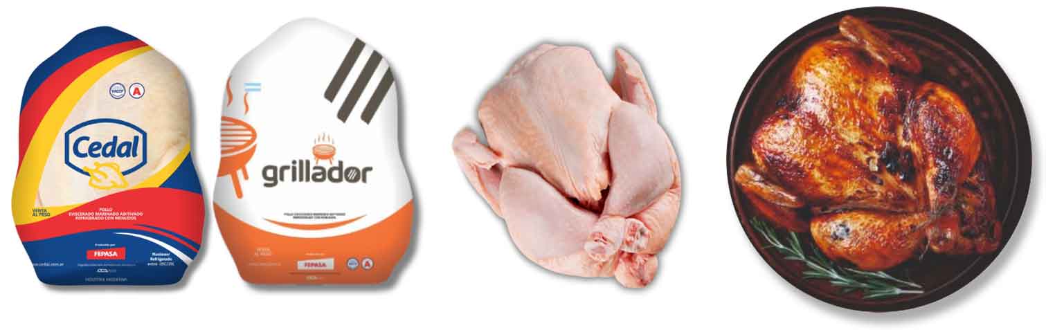 Pollo entero en su packaging, otra imagen de un pollo entero crudo y otra con el pollo entero asado